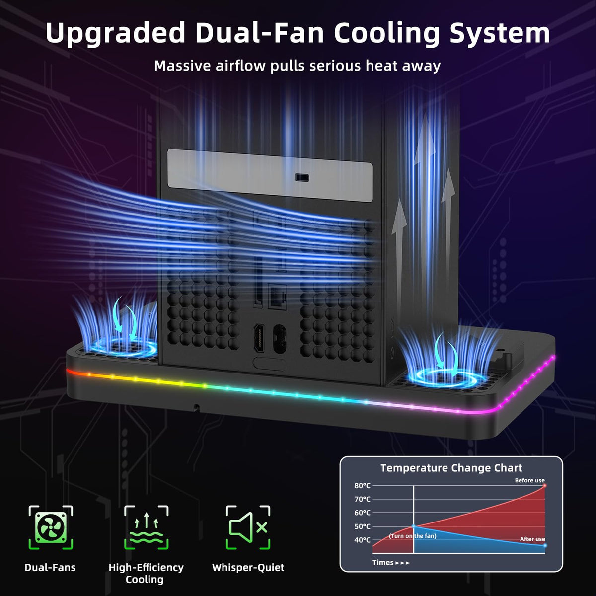 Black Cooling Fan Charging Stand with 3 USB Ports G131572