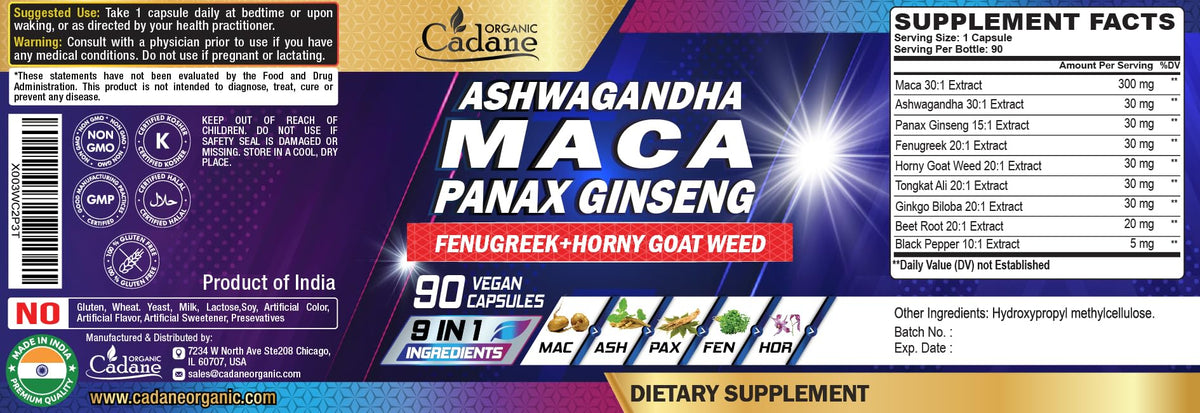 Maca Root Ashwagandha Panax Ginseng Supplement 90 Capsules R5861