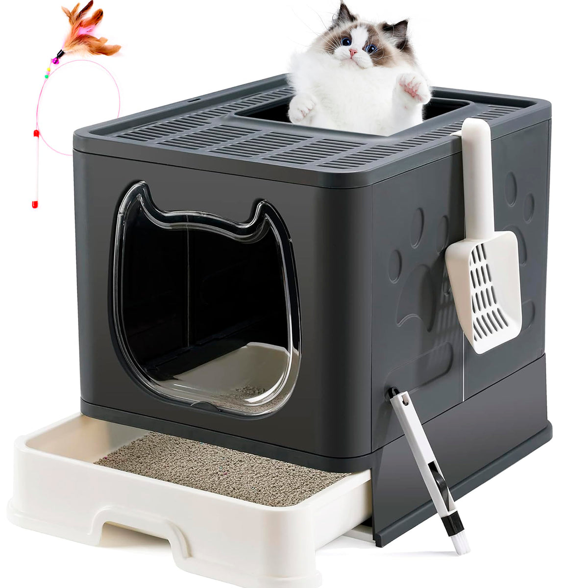 Top Entry Covered Cat Litter Box with Scoop and Brush T307