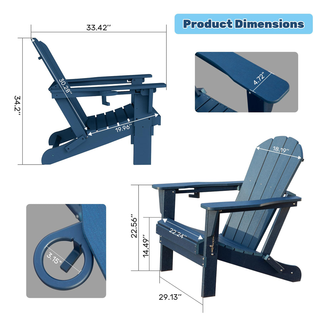 Folding Adirondack Chairs Set of 2 HDPE with Cup Holder Dark Blue X7800