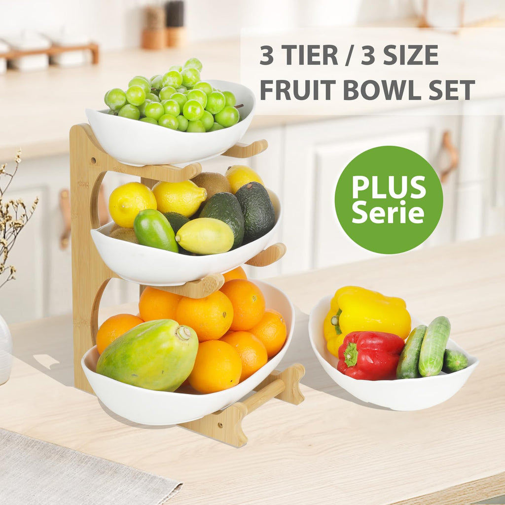 3 Tier Ceramic Fruit Bowl with Bamboo Stand U57639