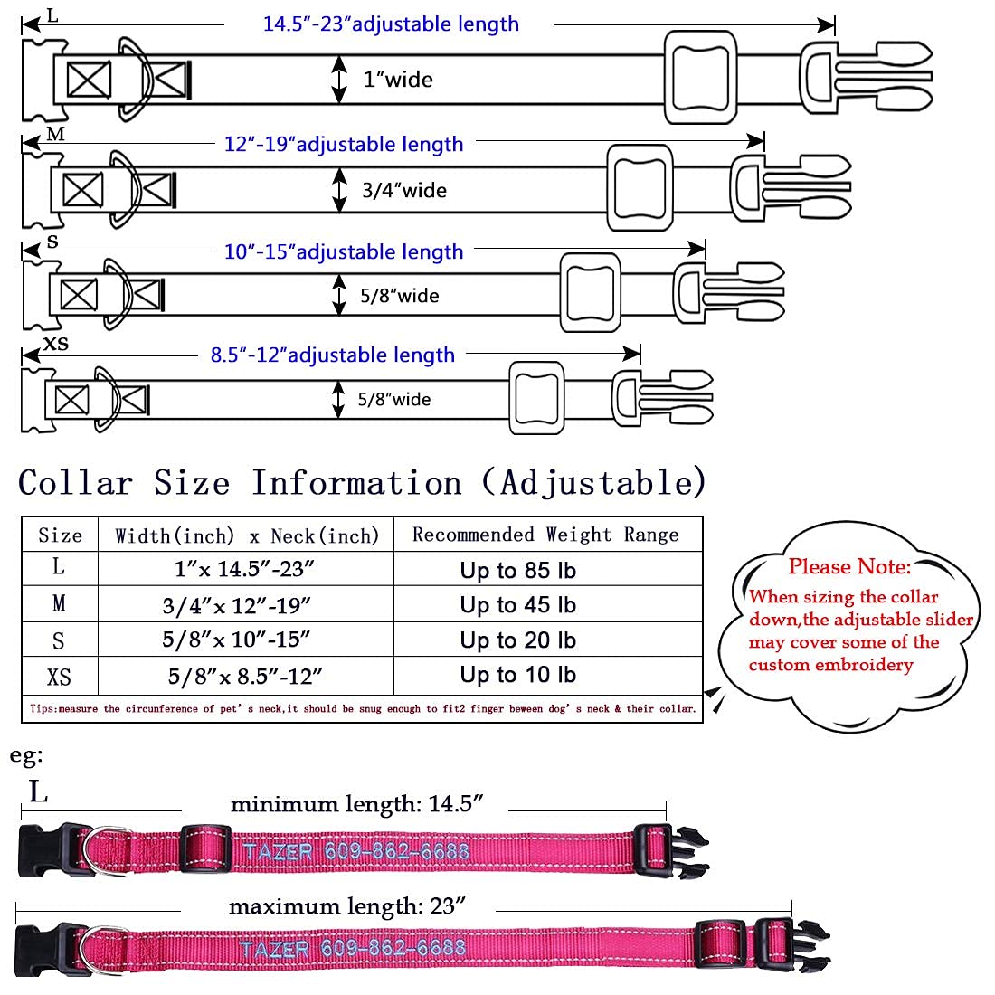 Personalized Dog Collar, 4 Adjustable Sizes Quick Release Buckle and D-Ring W7272