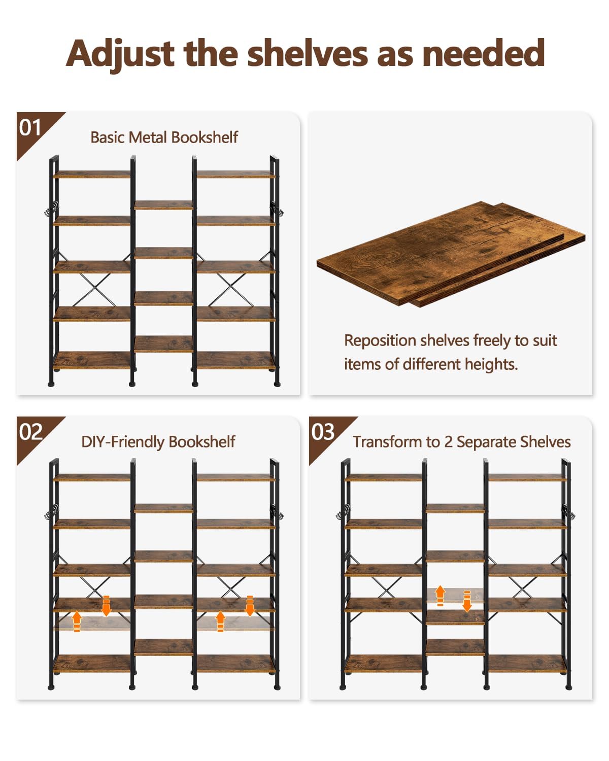 5 Tier Wide Bookshelf with 6 Hooks A836
