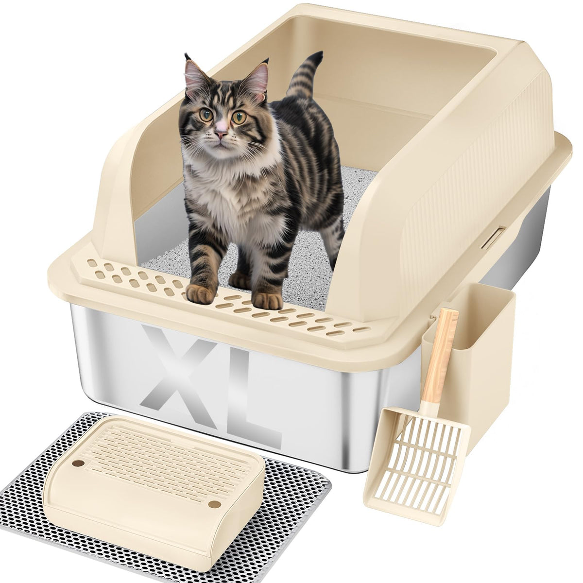 XL Stainless Steel Enclosed Cat Litter Box with Lid, Scoop and Mat N20617