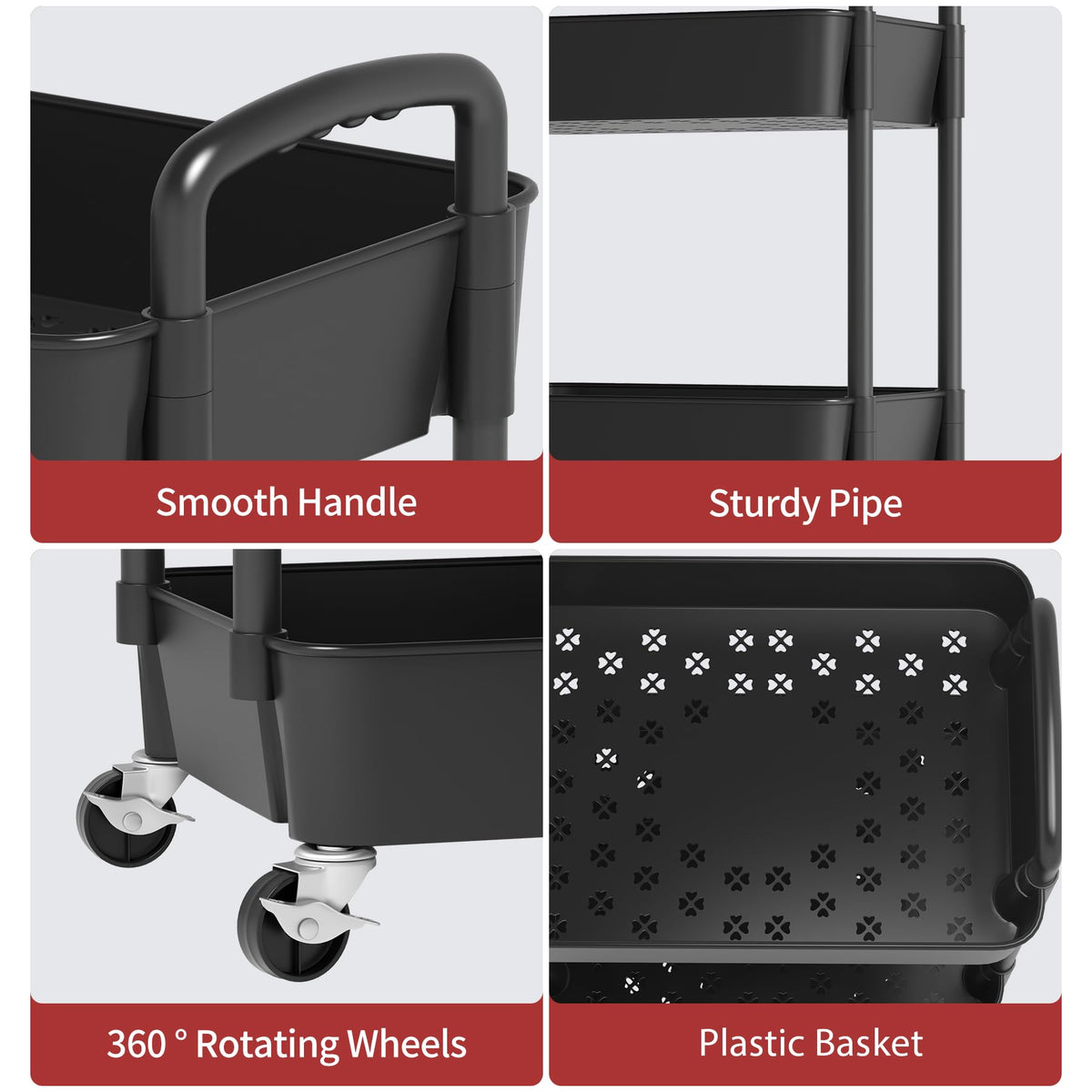 3-Tier Plastic Rolling Utility Cart with Wheels N738618