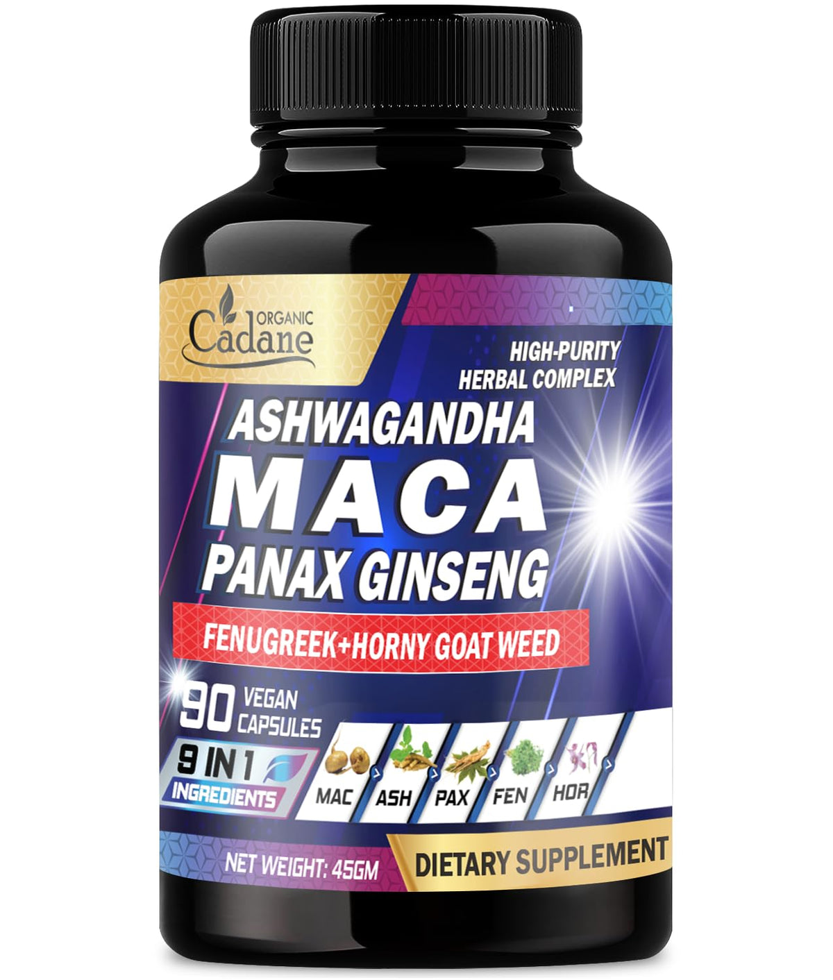Maca Root Ashwagandha Panax Ginseng Supplement 90 Capsules R5861