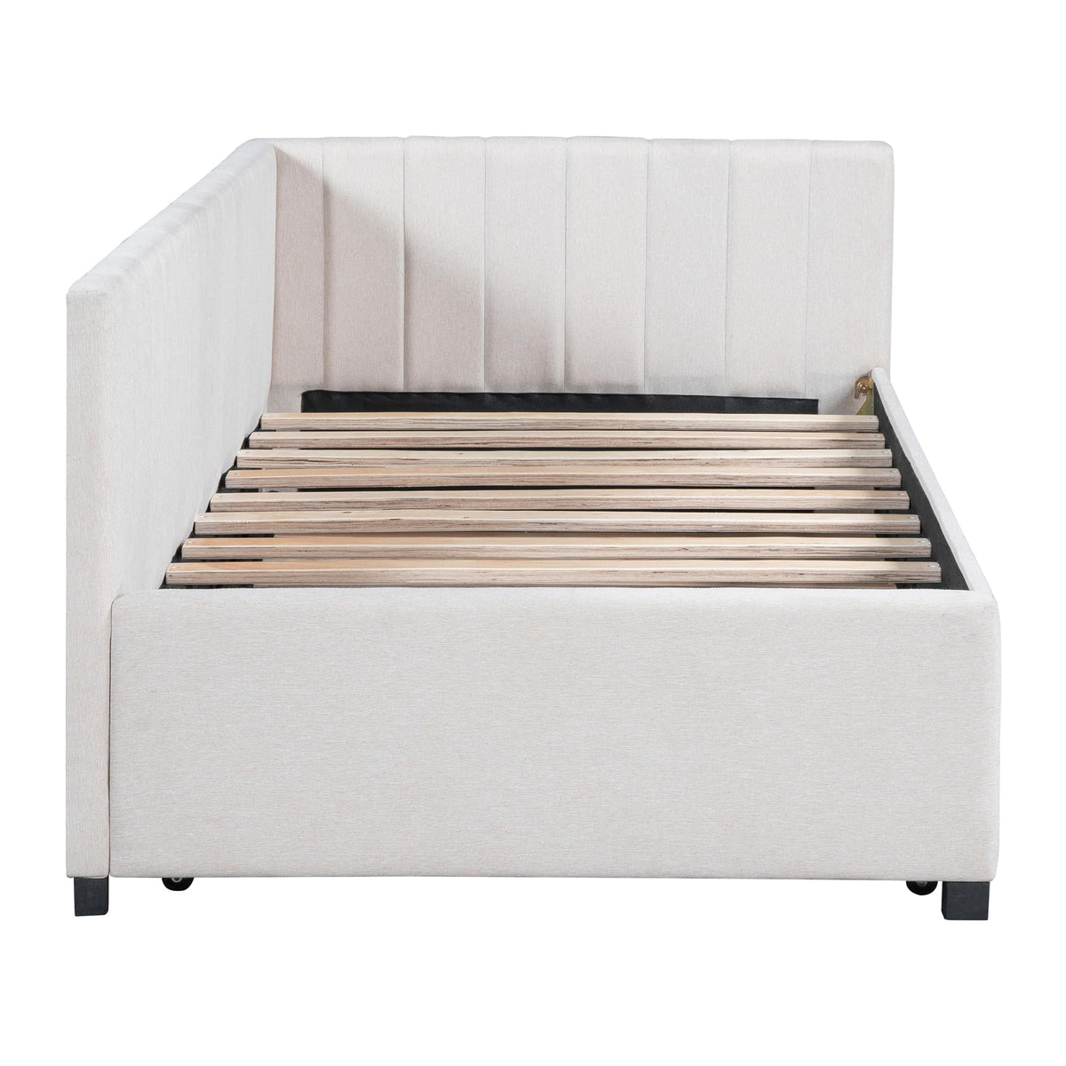 Upholstered Daybed with Trundle Linen Fabric Beige Twin V50681