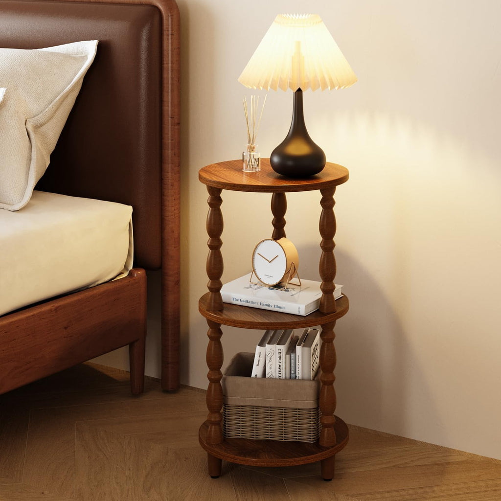 Small Round 3-Tier Wood Side Table with Storage Shelf A157220