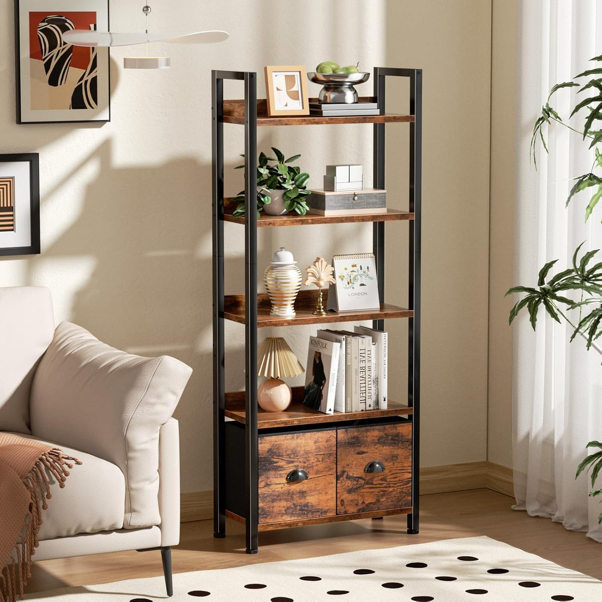 5-Tier Tall Bookshelf with 2 Fabric Drawers Q5818
