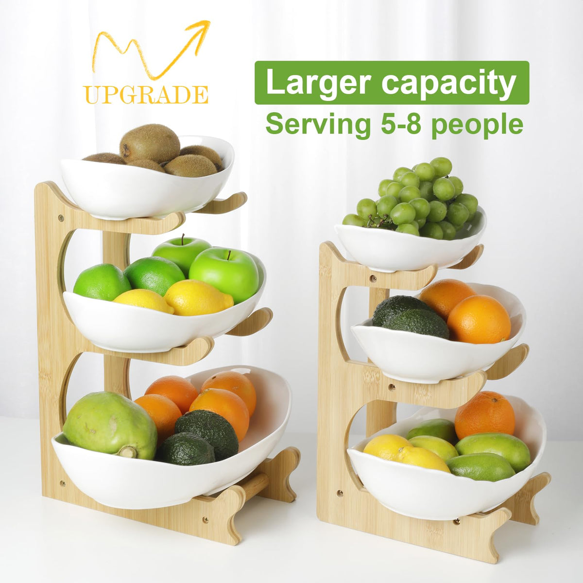 3 Tier Ceramic Fruit Bowl with Bamboo Stand U57639