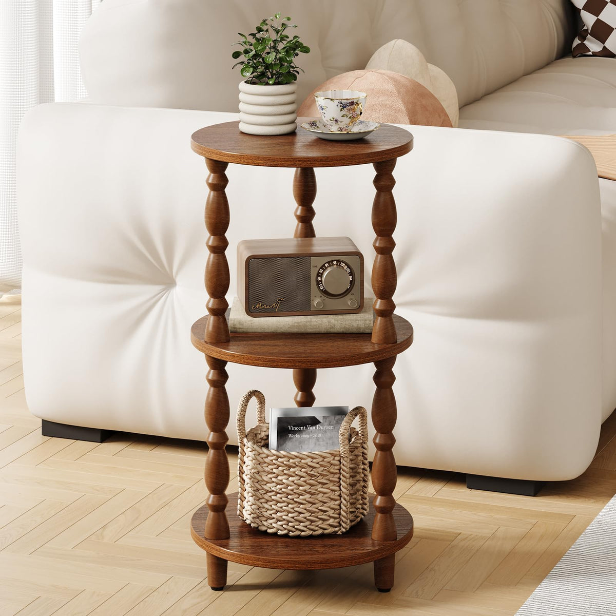 Small Round 3-Tier Wood Side Table with Storage Shelf A157220