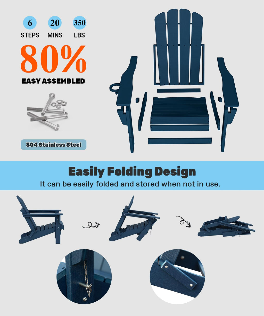 Folding Adirondack Chairs Set of 2 HDPE with Cup Holder Dark Blue X7800