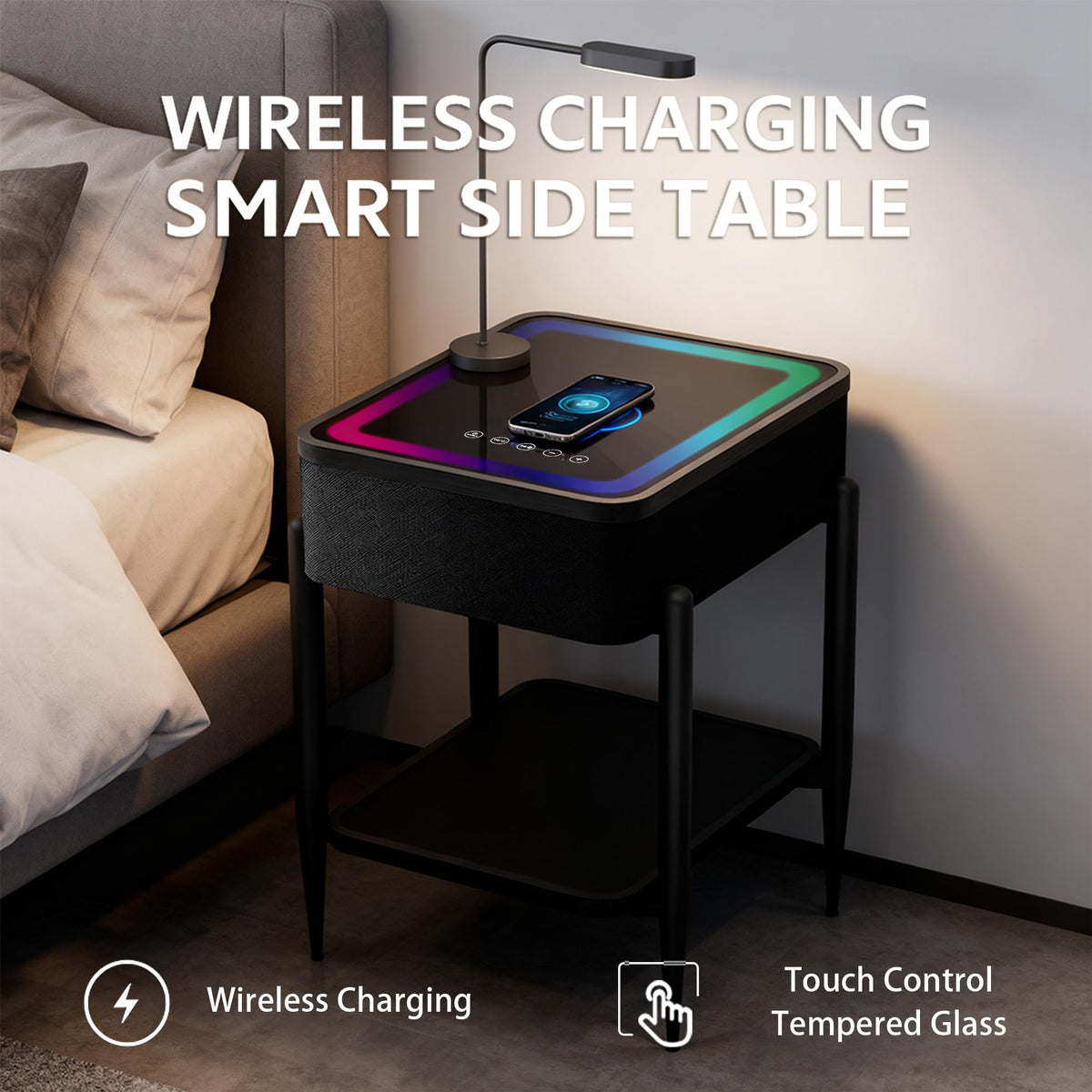 Black LED Smart Nightstand with Bluetooth Speaker & Wireless Charging K2525