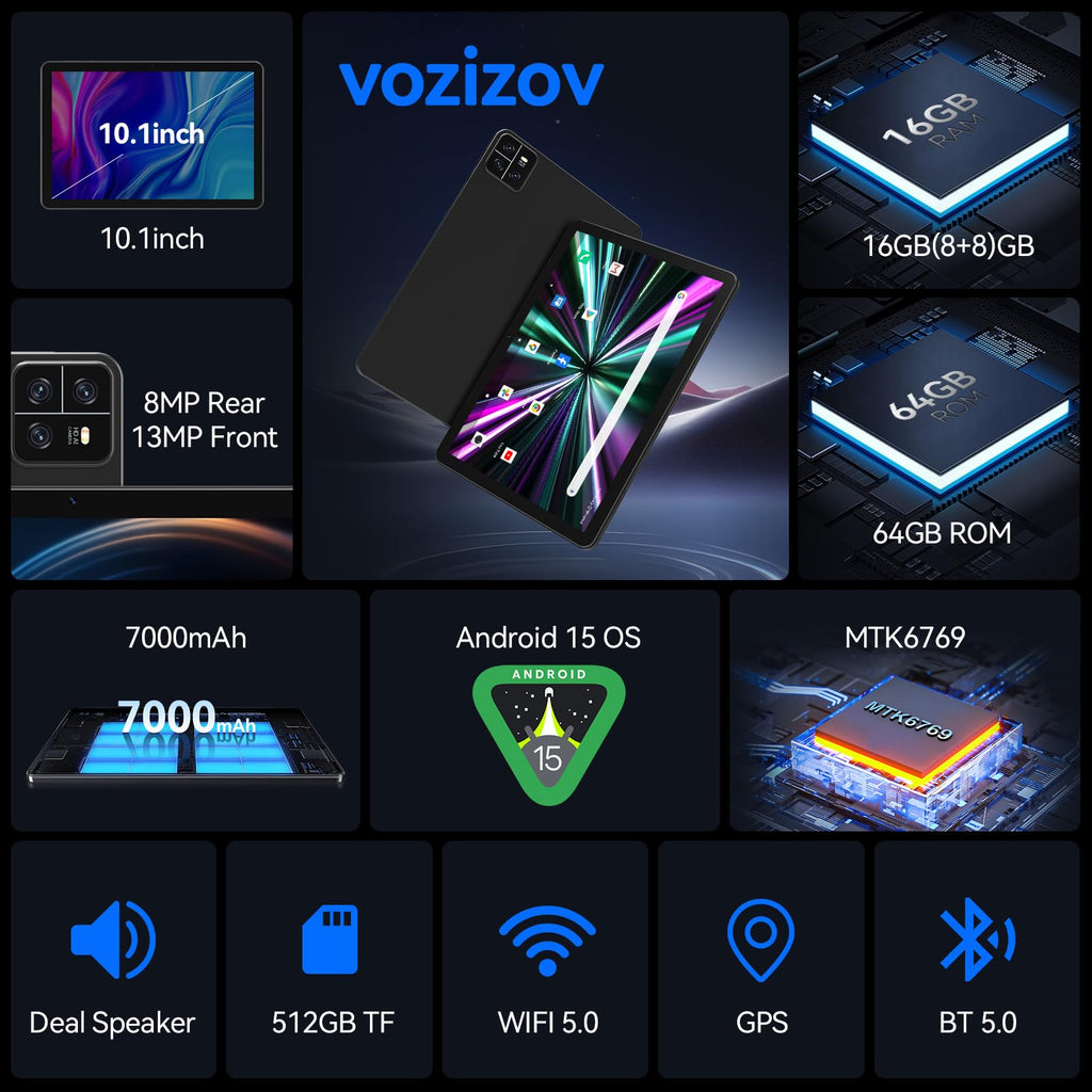 10.1 inch Android 15 Tablet Octa-Core 16GB RAM 64GB ROM O790675