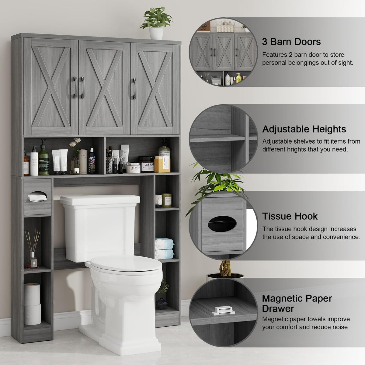 Over The Toilet Storage Cabinet with 3 Barn Doors W288