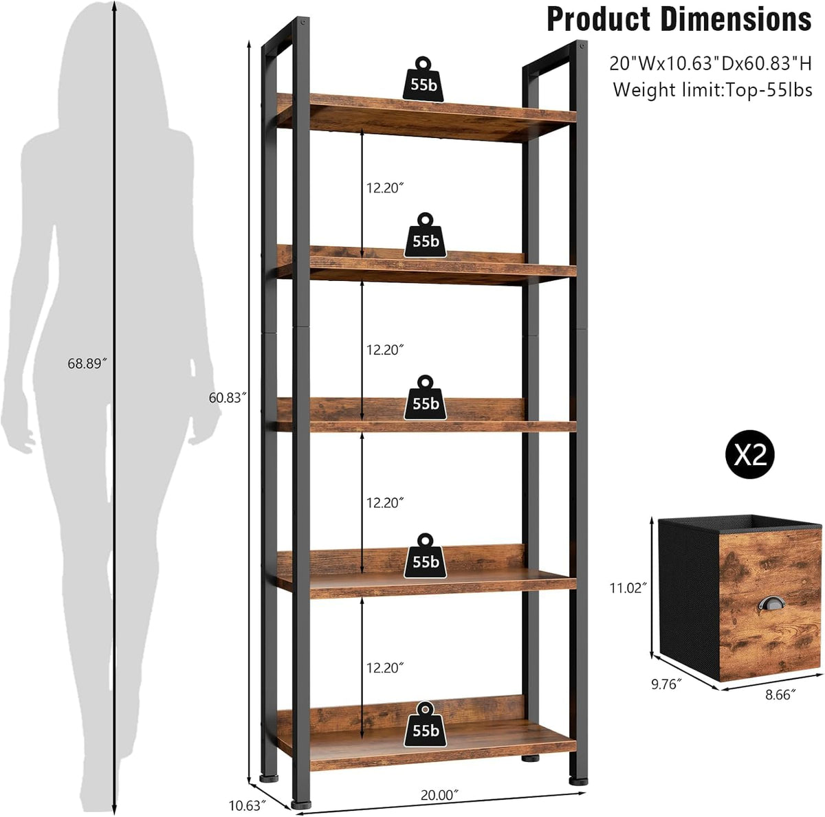 5-Tier Tall Bookshelf with 2 Fabric Drawers Q5818