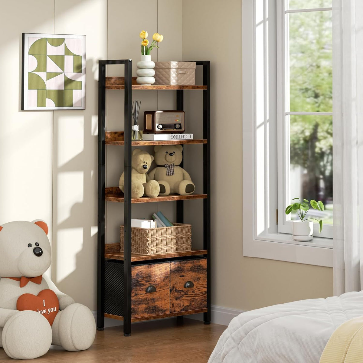 5-Tier Tall Bookshelf with 2 Fabric Drawers Q5818