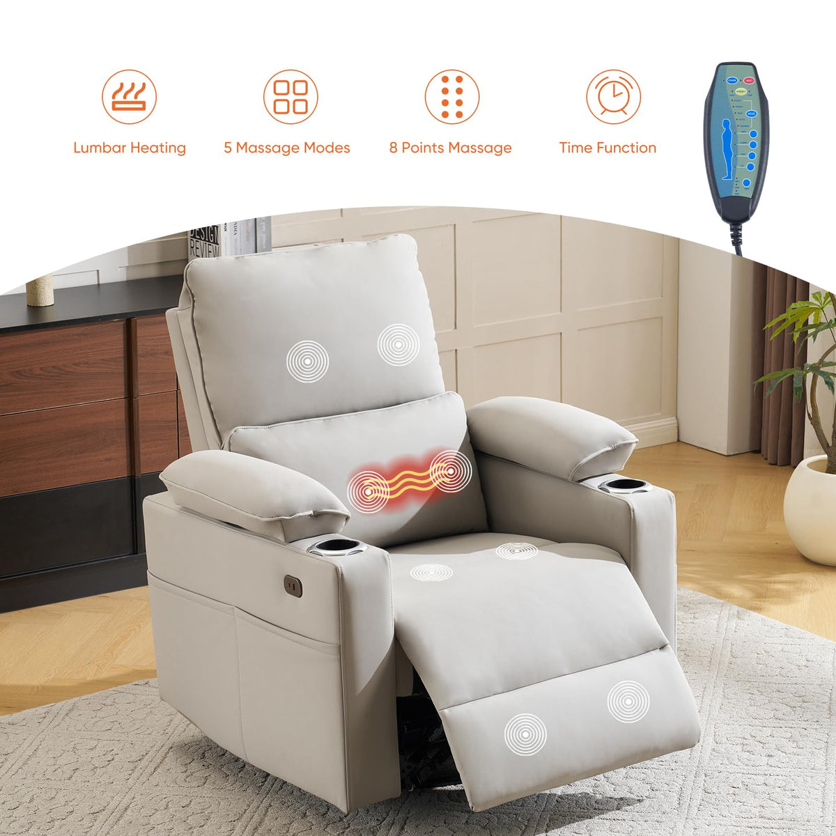 Oversized Power Swivel Rocker Recliner with Heating and Massage, Faux Leather, Grey U421