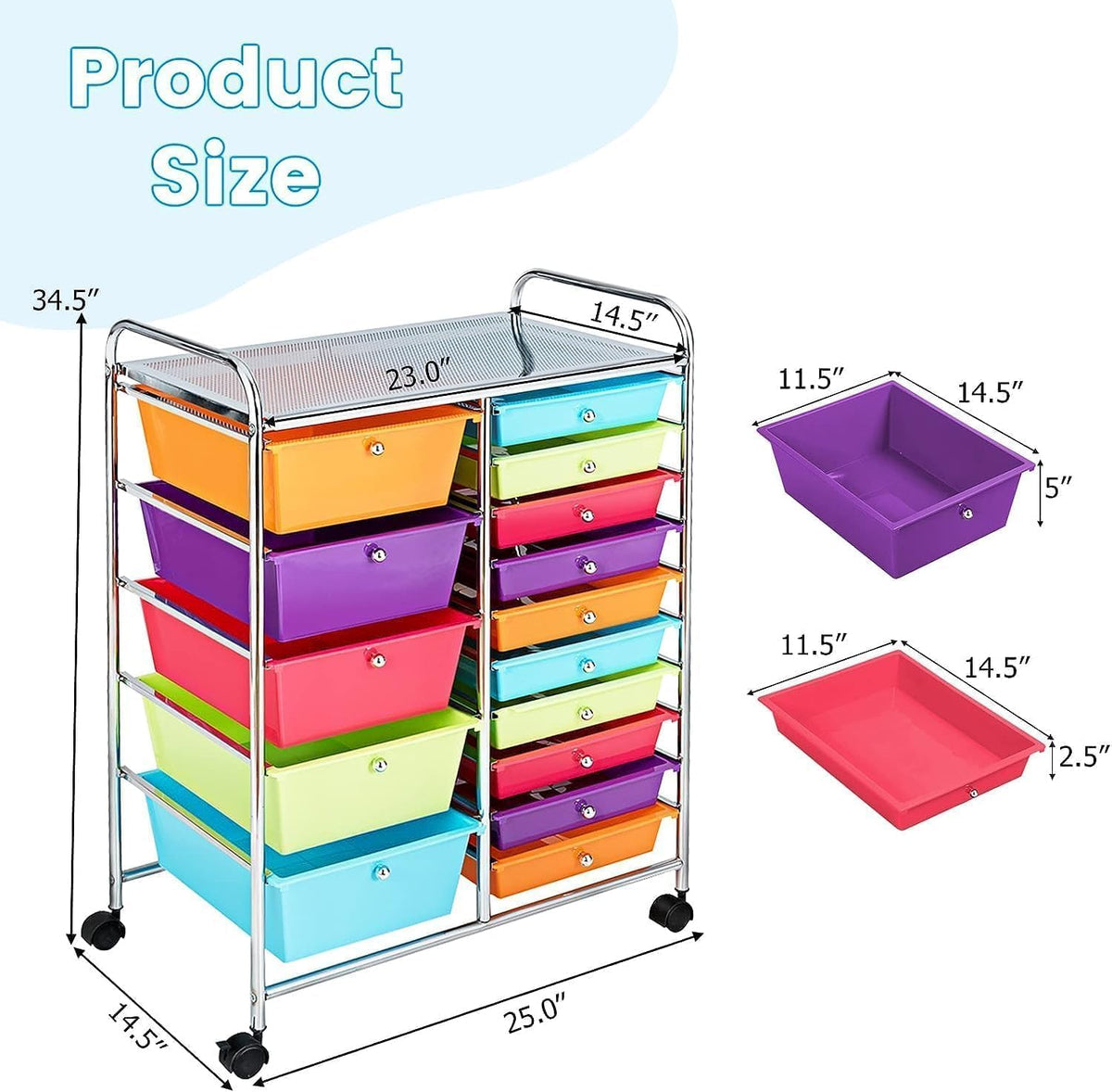 15 Drawer Rolling Storage Cart with Lockable Wheels L6002