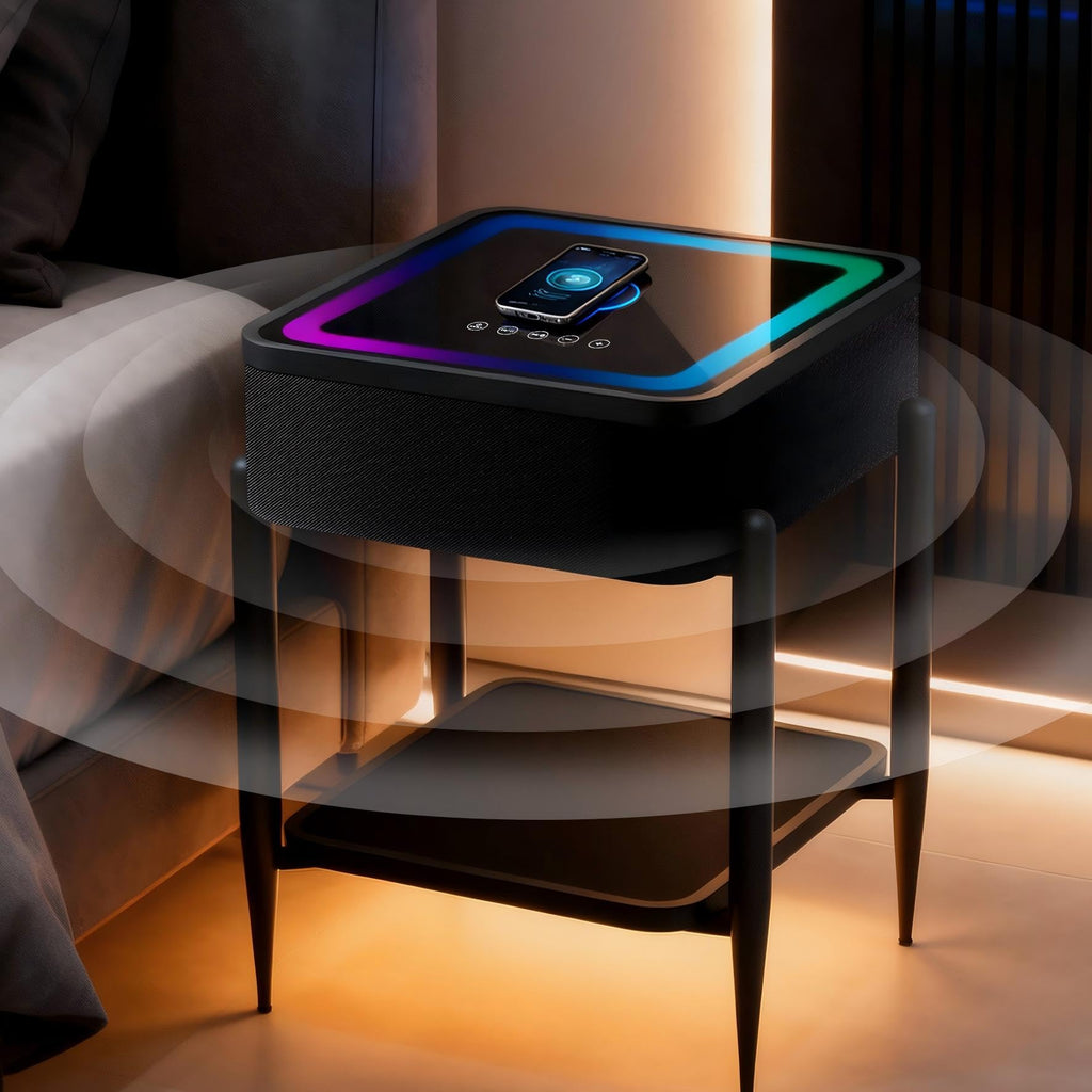 Black LED Smart Nightstand with Bluetooth Speaker & Wireless Charging K2525