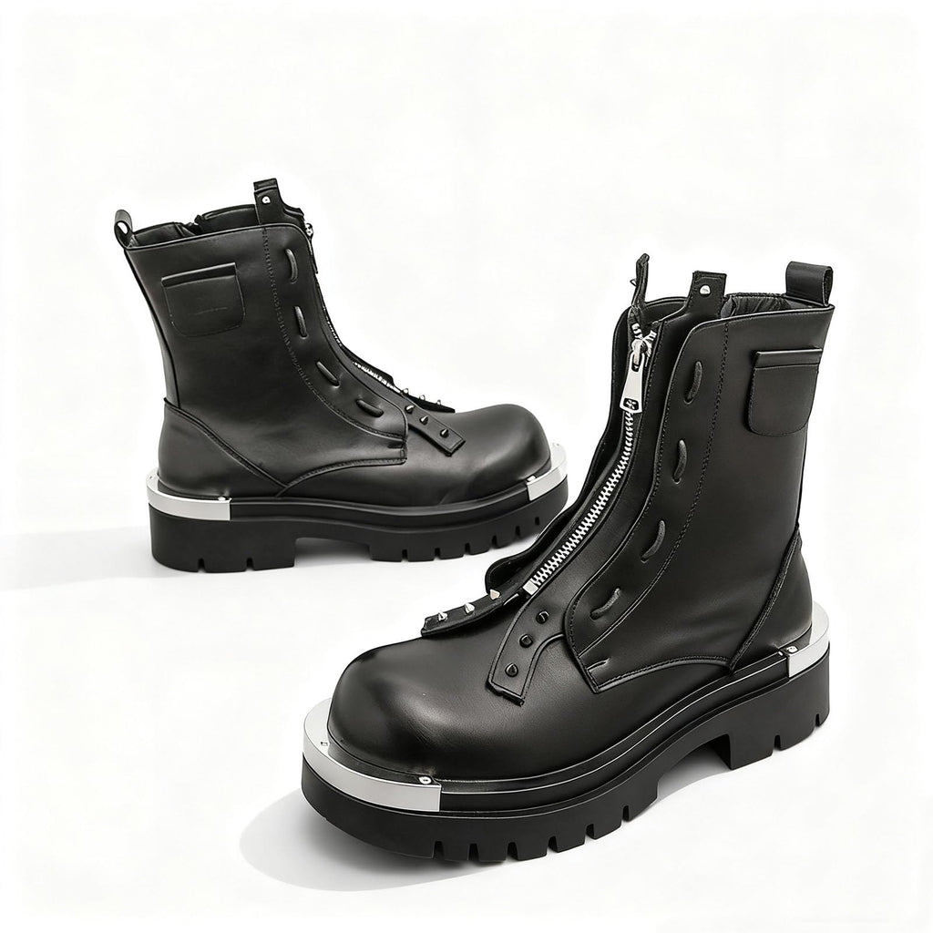 Men'S Leather Chunky Heel Motorcycle Boots With Front Zipper Round Toe Non-Slip Lug Sole Platform Ankle Boots A987999