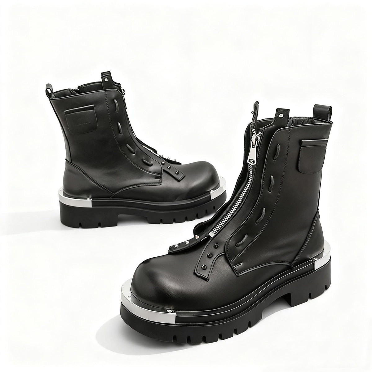 Men'S Leather Chunky Heel Motorcycle Boots With Front Zipper Round Toe Non-Slip Lug Sole Platform Ankle Boots A987999