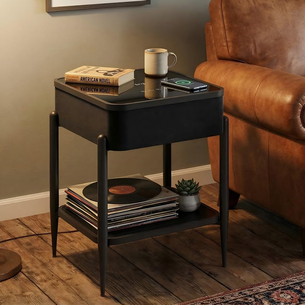 Black LED Smart Nightstand with Bluetooth Speaker & Wireless Charging K2525