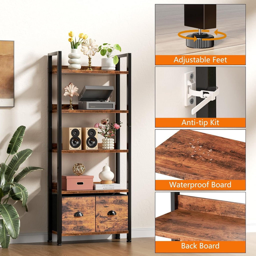 5-Tier Tall Bookshelf with 2 Fabric Drawers Q5818
