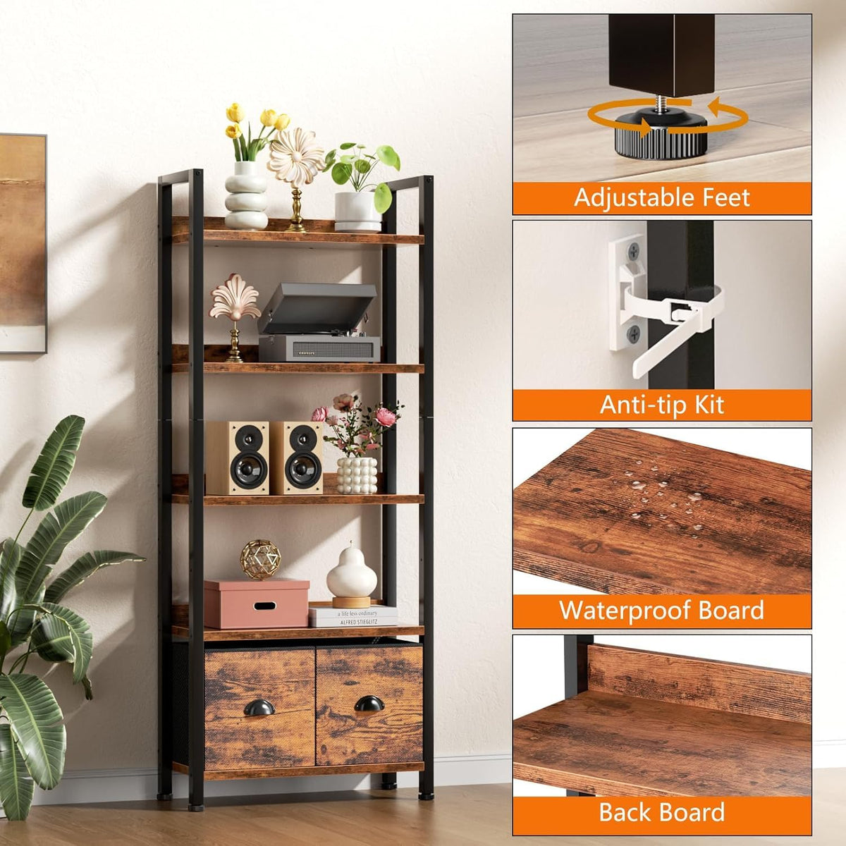 5-Tier Tall Bookshelf with 2 Fabric Drawers Q5818