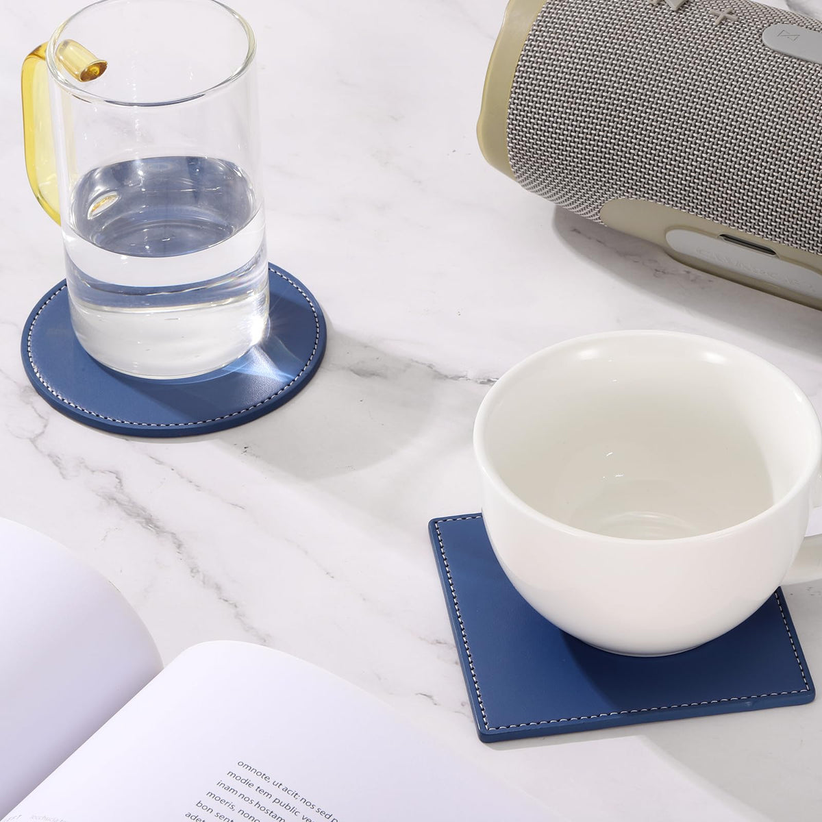 White Stitched Dual Sided Leather Coasters Set of 6 X1542