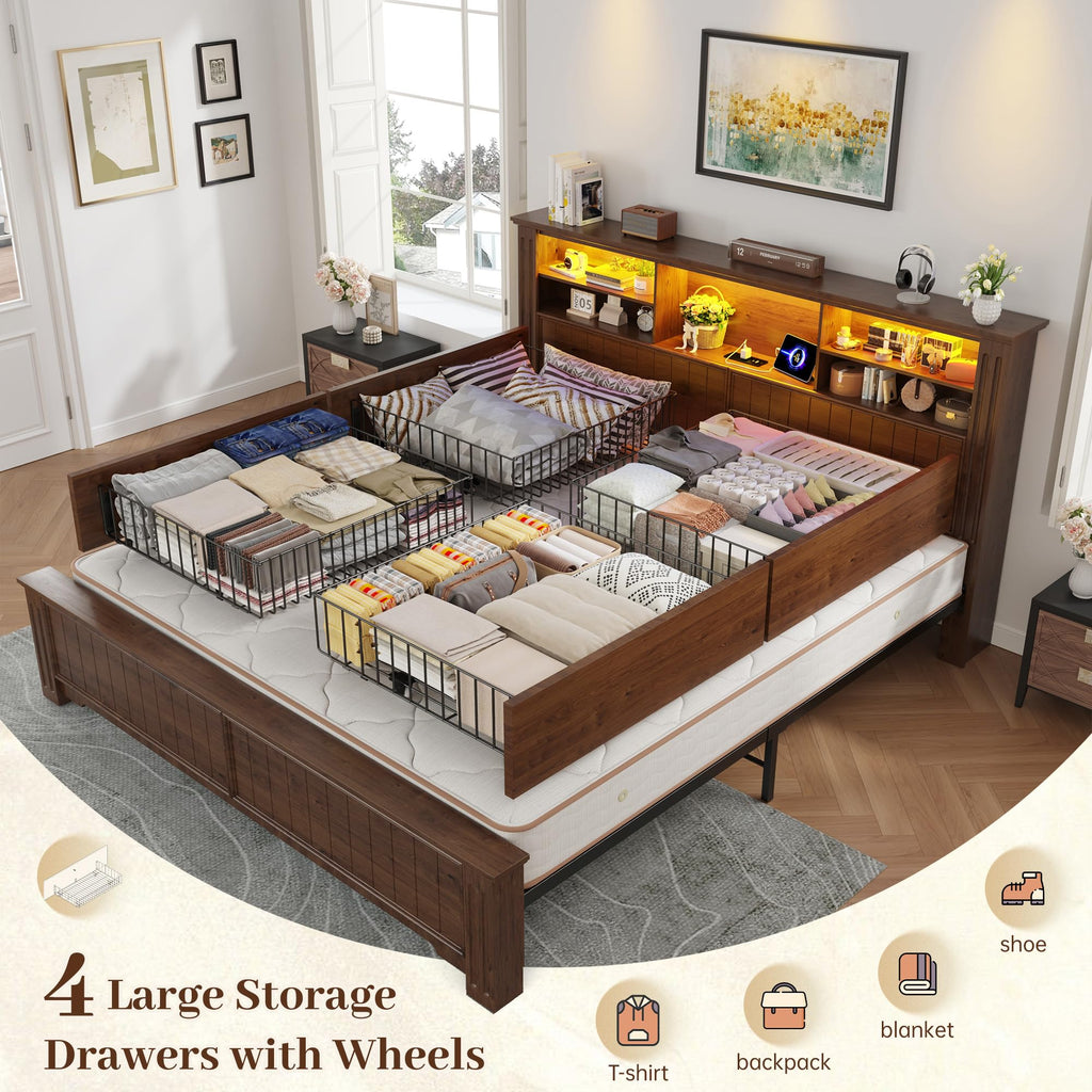 King Bed Frame with 4 Storage Drawers and Headboard Shelf, Brown T647