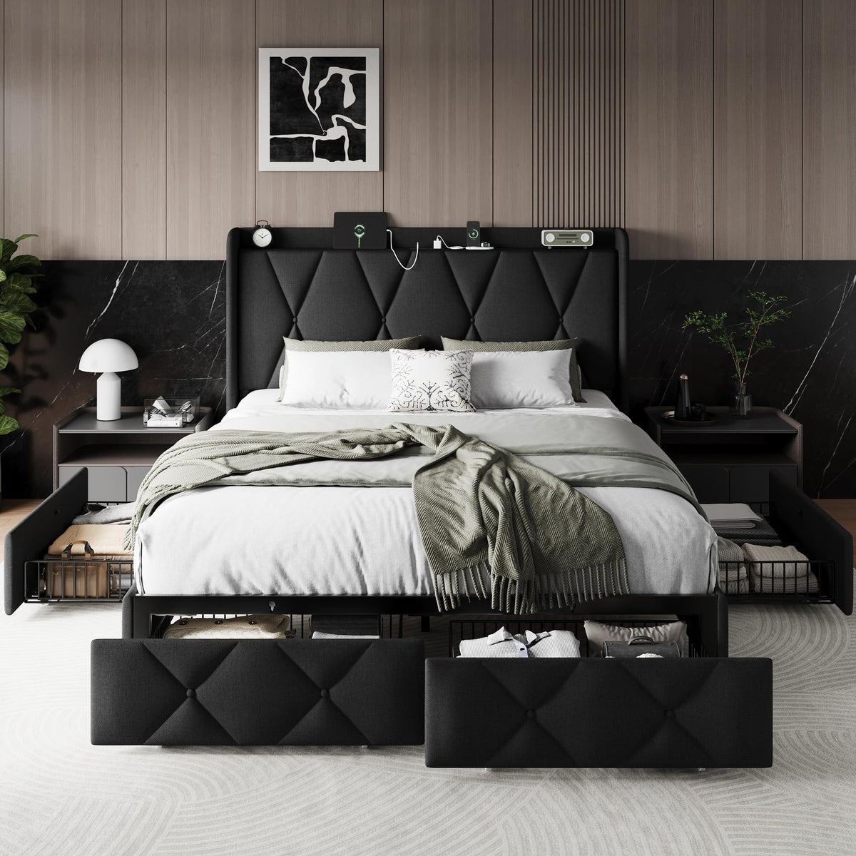 Queen Bed Frame with 4 Storage Drawers and Charging Station F523