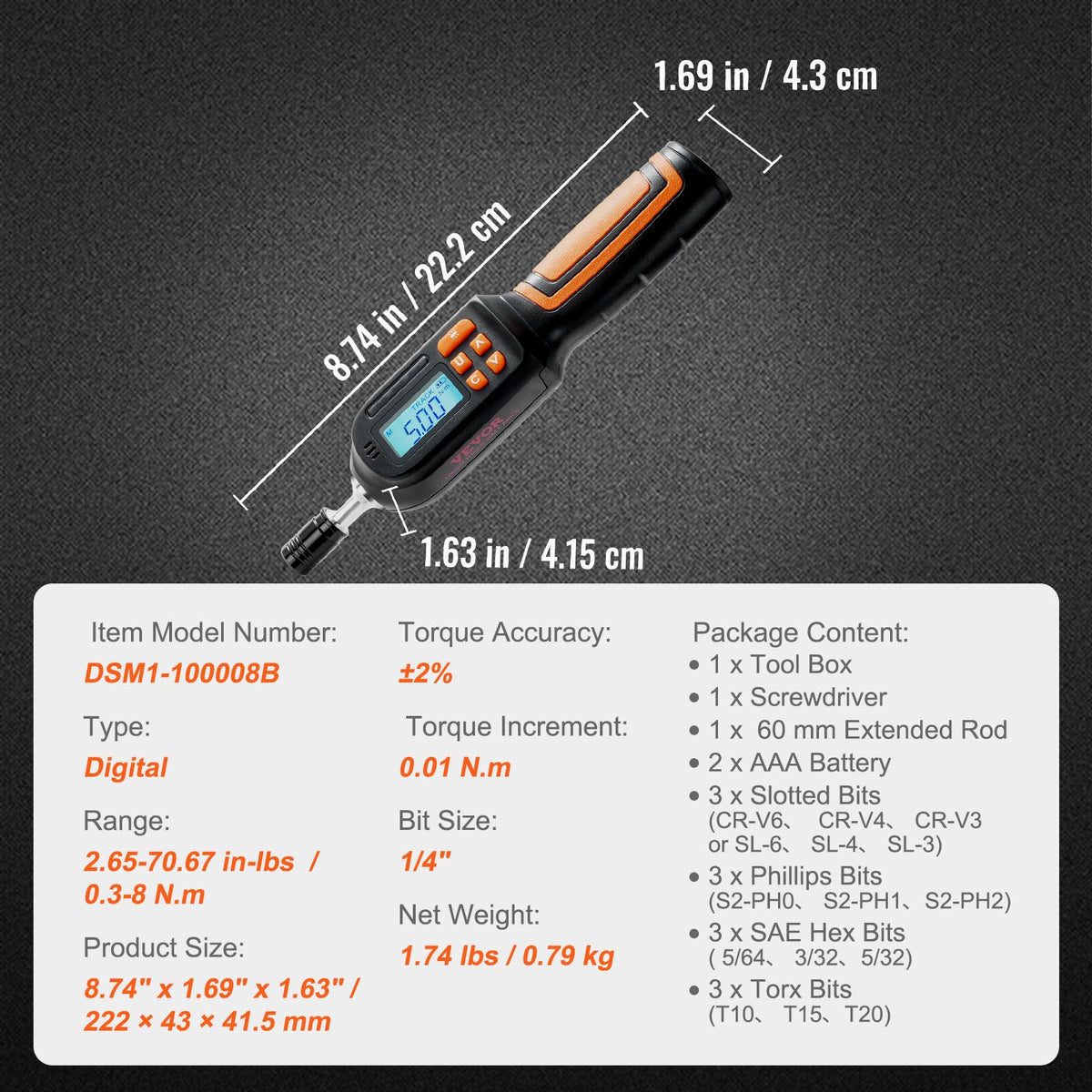 1/4" Drive Digital Torque Screwdriver with LCD, Bits & Case P797146