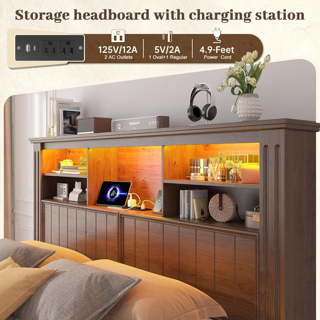 King Bed Frame with 4 Storage Drawers and Headboard Shelf, Brown T647