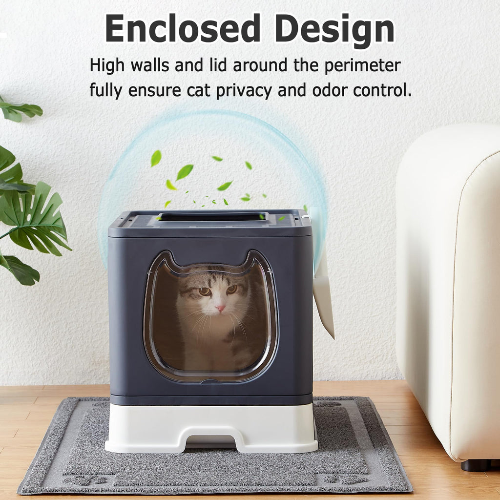 Top Entry Covered Cat Litter Box with Scoop and Brush T307