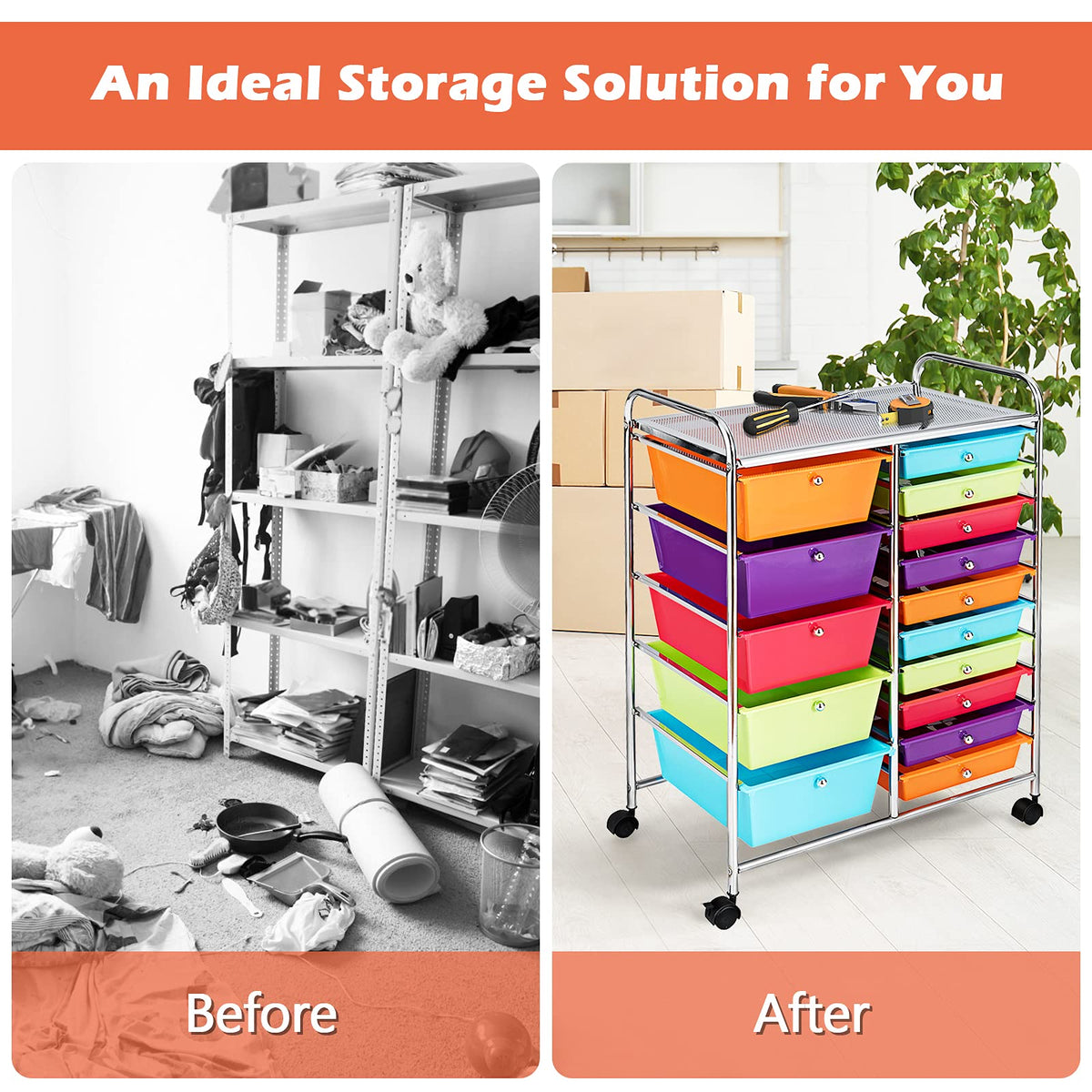 15 Drawer Rolling Storage Cart with Lockable Wheels L6002