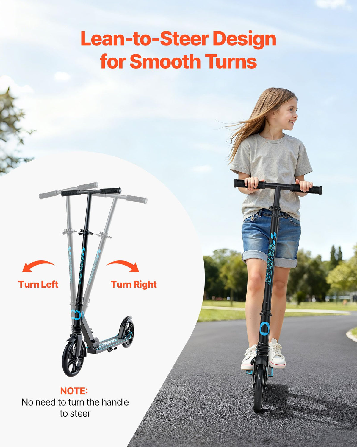 Kick Scooter, 2-Wheel Adjustable Height Folding with Anti-Slip Deck & Light-Up Wheels X1824