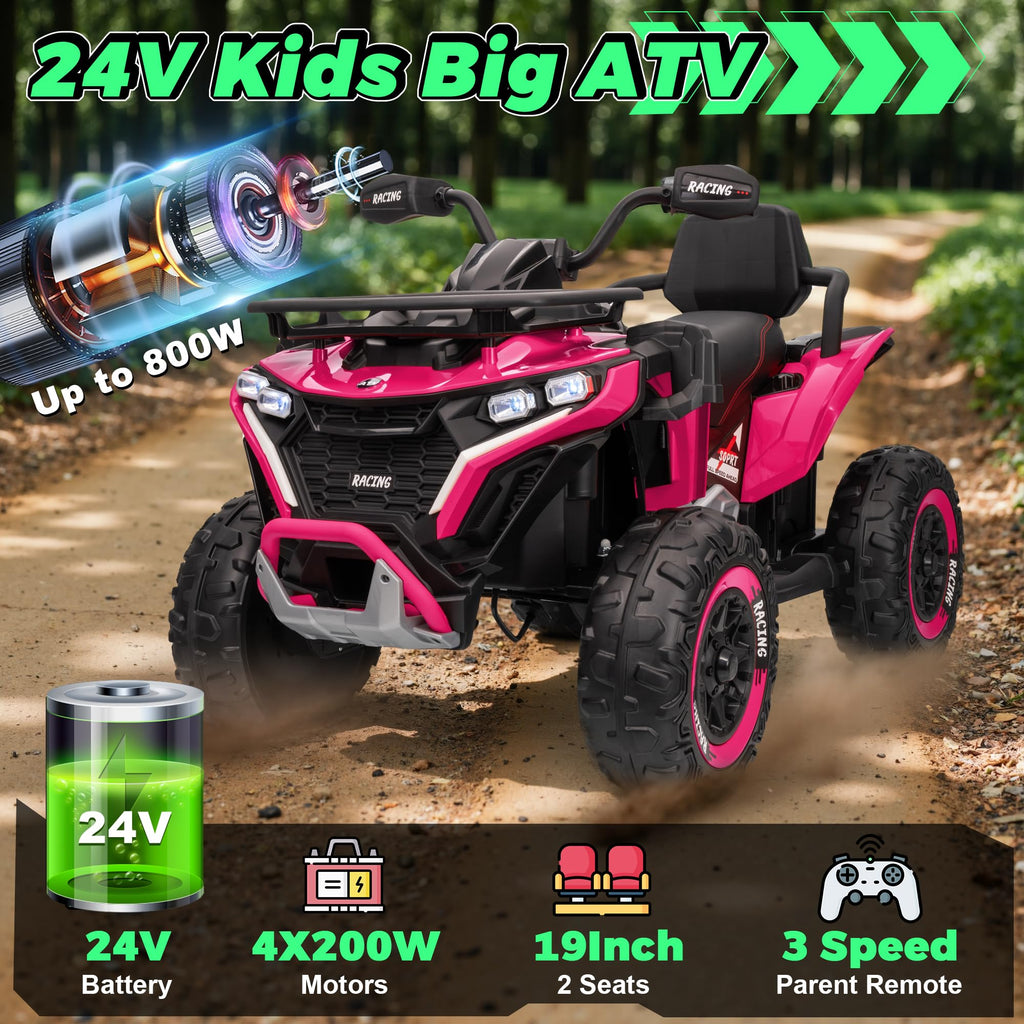 24V Kids ATV Four Wheeler with EVA Tires, 2 Seater, 800W Motors, Remote Control, Pink W606050