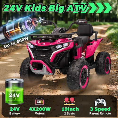 24V Kids ATV Four Wheeler with EVA Tires, 2 Seater, 800W Motors, Remote Control, Pink W606050