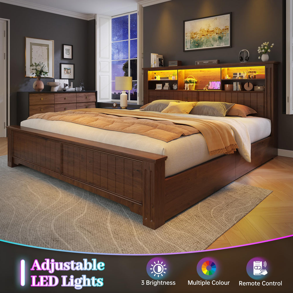 King Bed Frame with 4 Storage Drawers and Headboard Shelf, Brown T647
