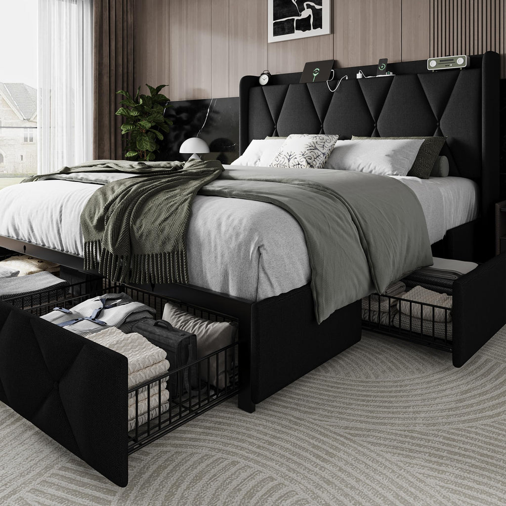 Queen Bed Frame with 4 Storage Drawers and Charging Station F523