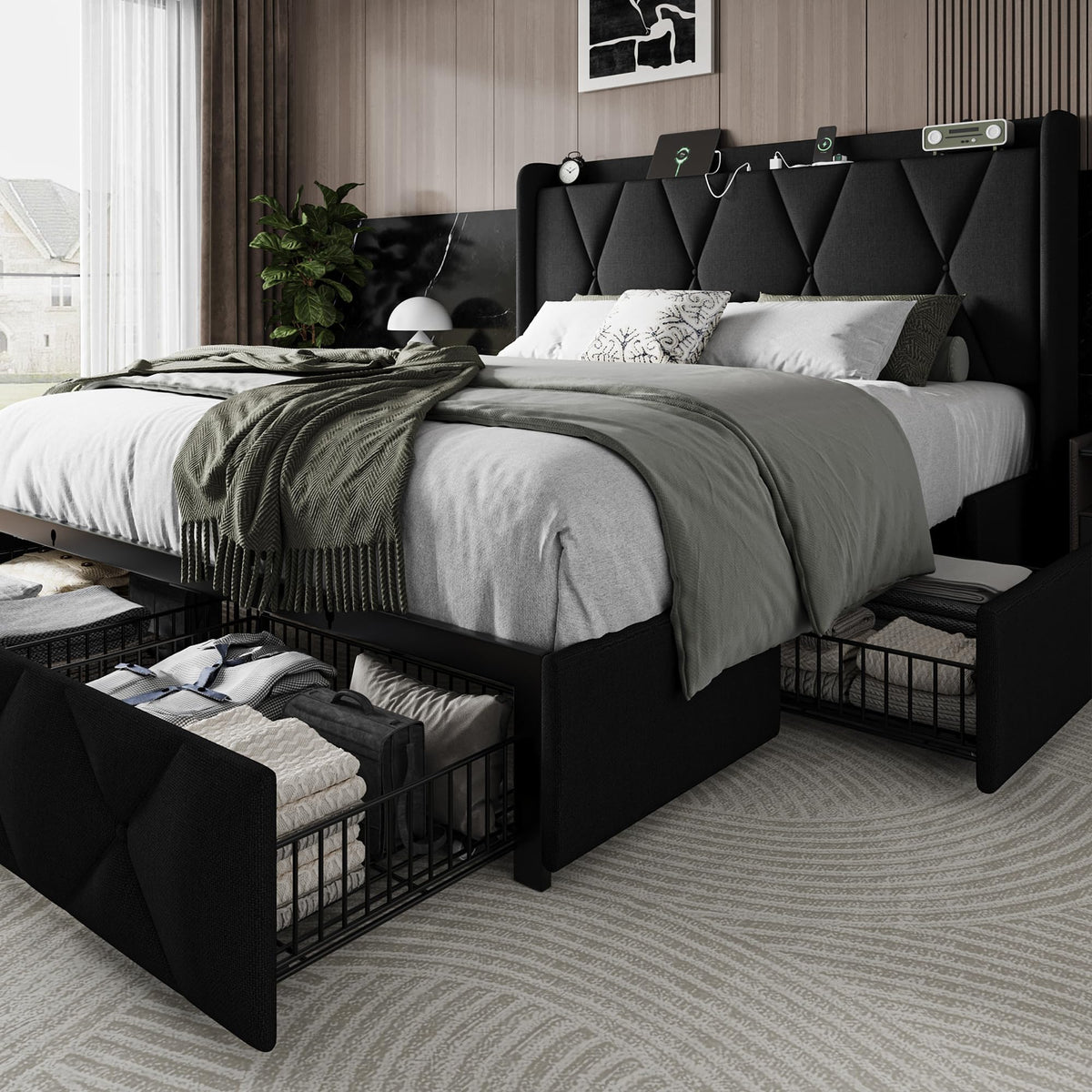 Queen Bed Frame with 4 Storage Drawers and Charging Station F523