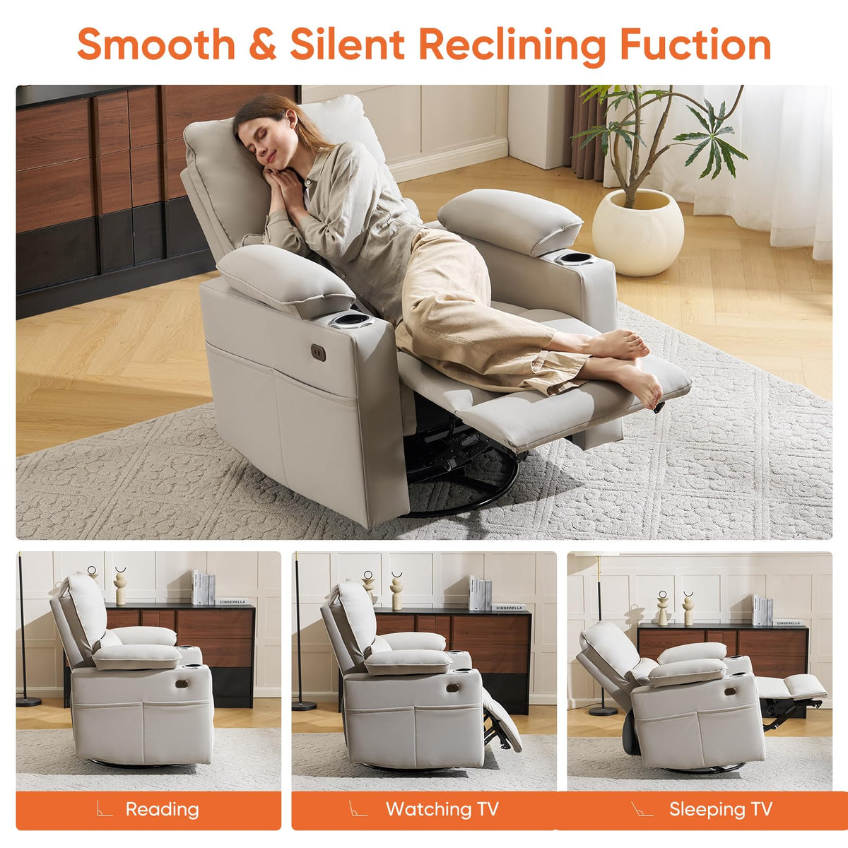 Oversized Power Swivel Rocker Recliner with Heating and Massage, Faux Leather, Grey U421