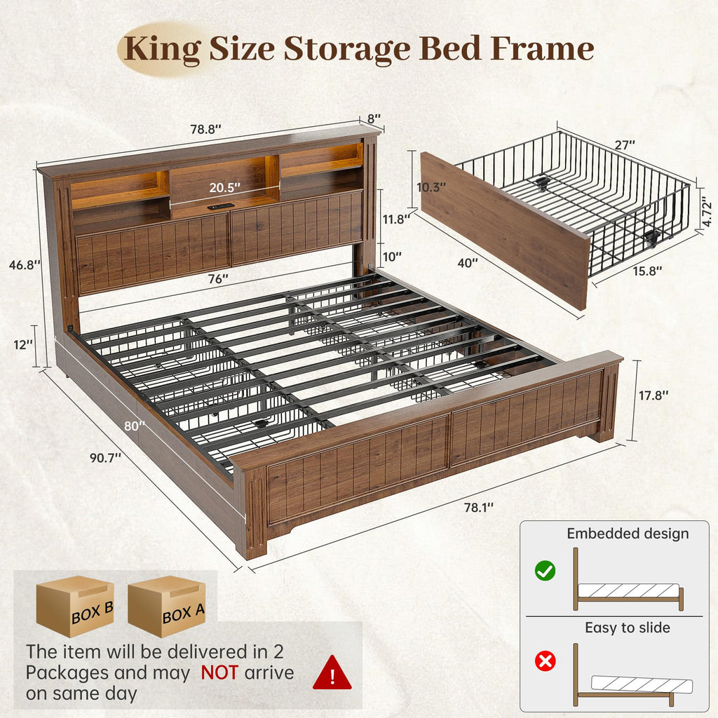 King Bed Frame with 4 Storage Drawers and Headboard Shelf, Brown T647