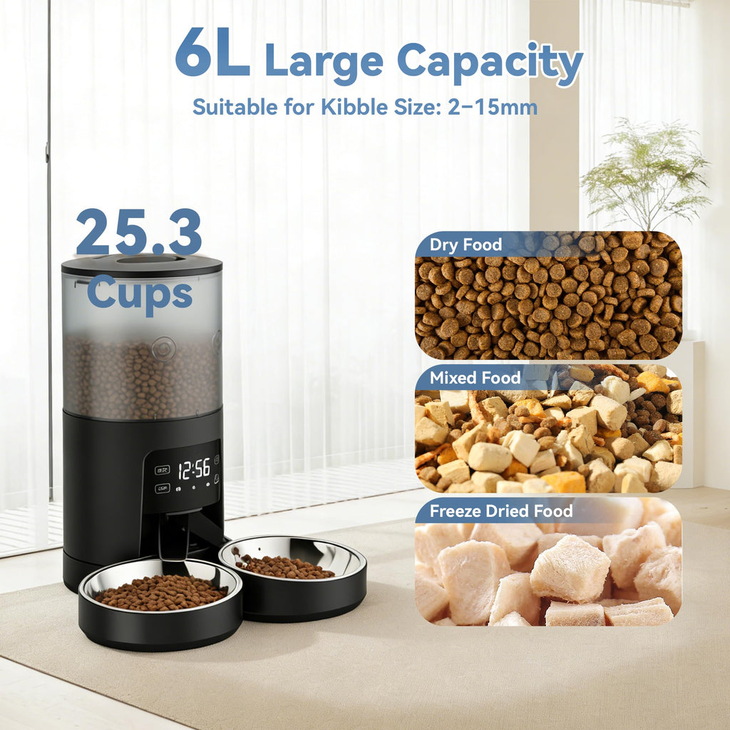 6L Automatic Cat Feeder with 2 Stainless Bowls Black F60032