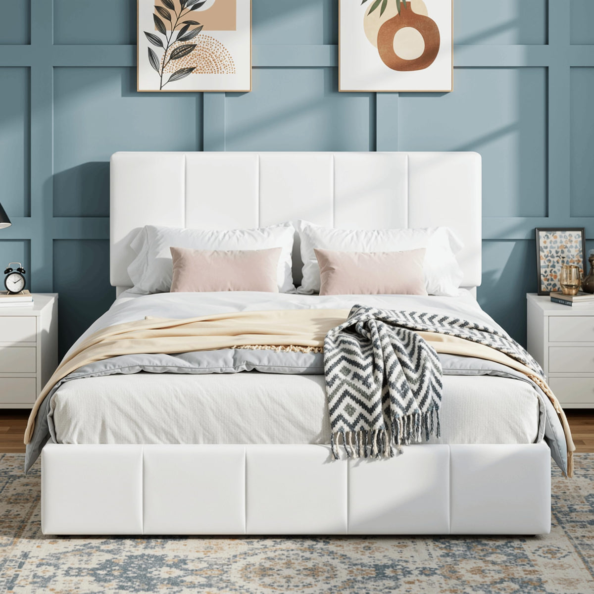 Queen Size White Velvet Upholstered Platform Bed N92701