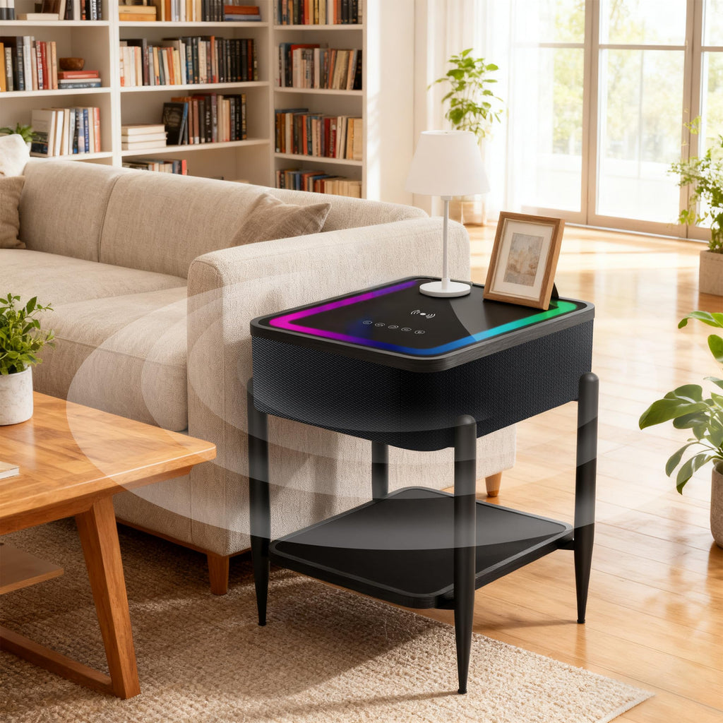 Black LED Smart Nightstand with Bluetooth Speaker & Wireless Charging K2525