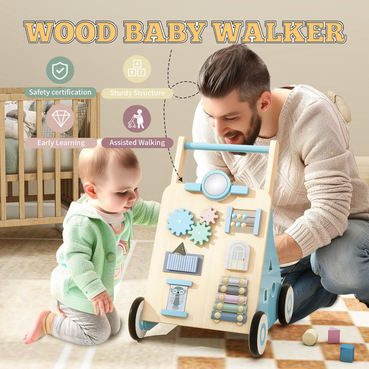 Blue Wooden Baby Walker with Activity Center Q854301