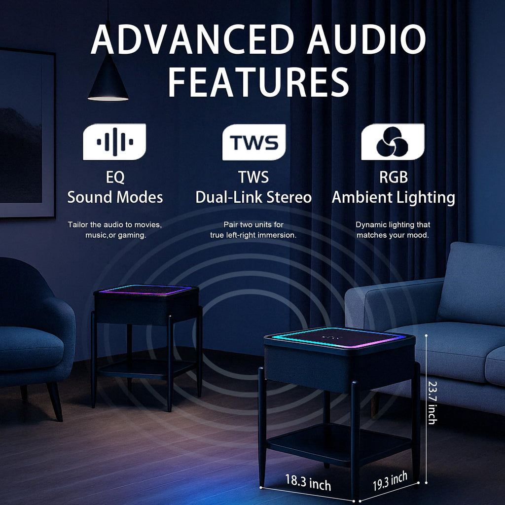 Black LED Smart Nightstand with Bluetooth Speaker & Wireless Charging K2525