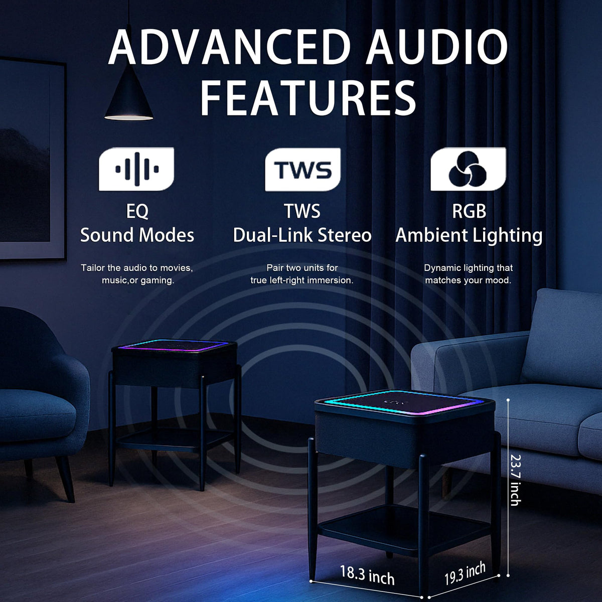 Black LED Smart Nightstand with Bluetooth Speaker & Wireless Charging K2525